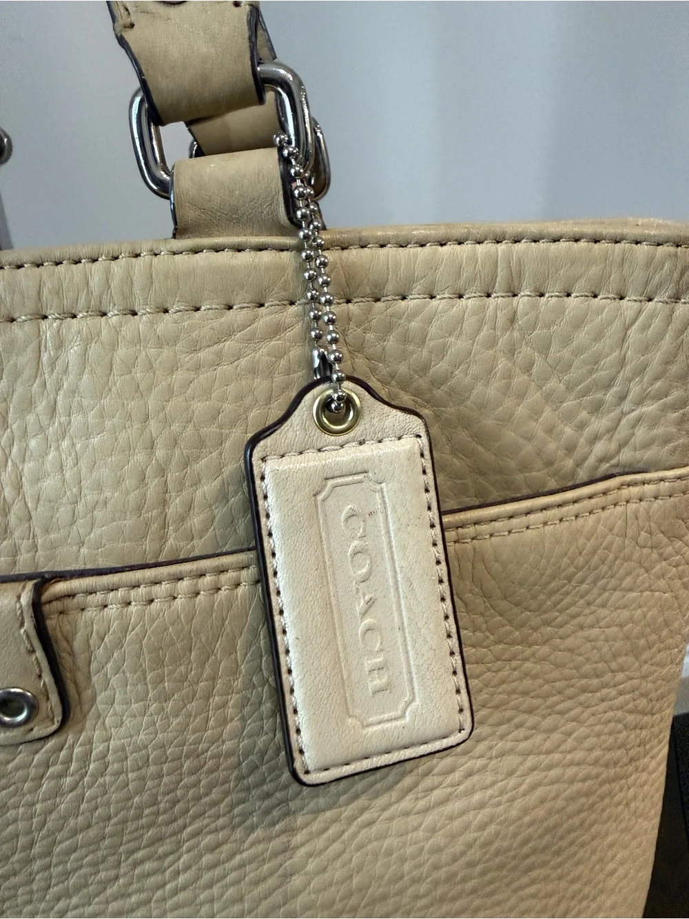 Coach Hamilton F13089 Pebbled Leather Tote Bag Beige Cream Zip Shoulder Tote